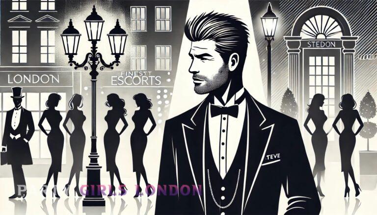 Dapper man named Steve in a tuxedo under city lights, surrounded by silhouettes of London's finest escorts.