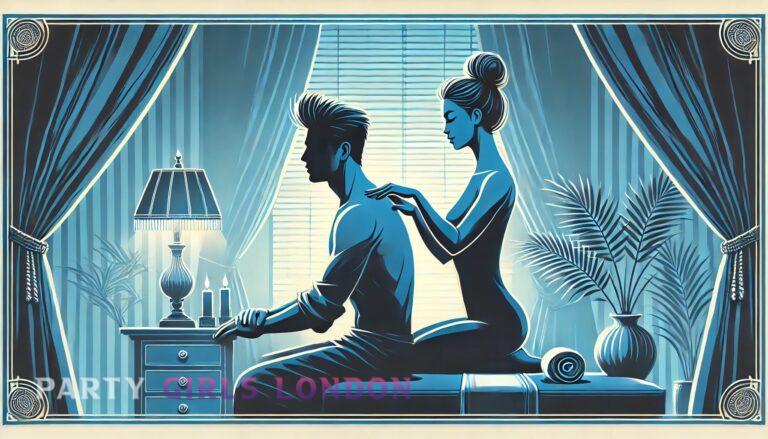 Silhouette of Steve receiving a sensual massage from an escort in a luxury London setting, with a calm, blue-toned atmosphere.