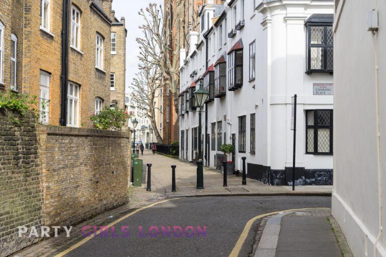 Quiet London residential street with period houses and no people, illustrating privacy and discretion for incall or outcall decisions