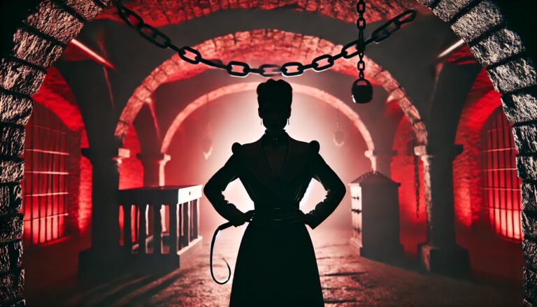 Silhouetted dominatrix with whip in a red-lit dungeon