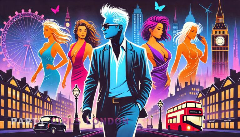Colourful silhouette of Steve surrounded by glamorous female figures representing escort services in London, set against a vibrant city nightlife backdrop.