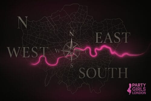 Stylised map of London with glowing pink river Thames, compass rose, and Party Girls London logo highlighting North, South, East and West escort locations