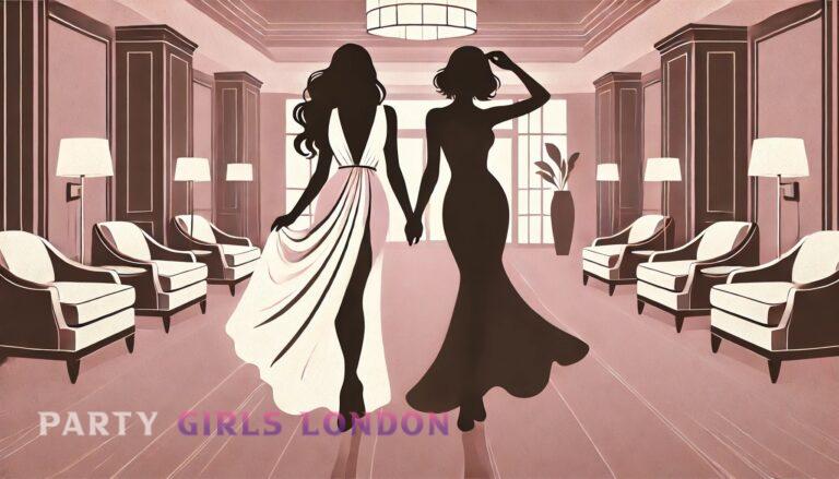 Pink and white silhouette of two elegant women walking arm-in-arm in a hotel, symbolising duo escorts in London.