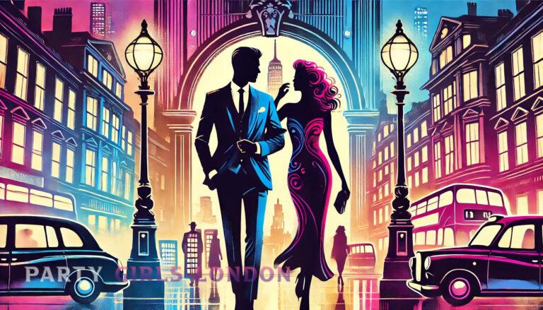 Silhouettes of a stylish man and glamorous woman walking together through London nightlife.