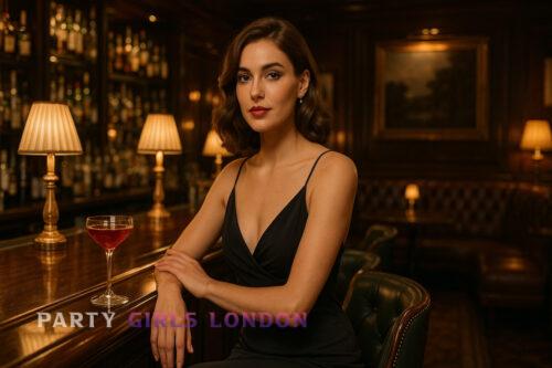 Elegant woman at upscale Mayfair bar ideal for escort dates