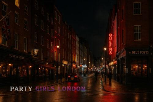 Neon-lit street in Soho London at night near escort-friendly venues