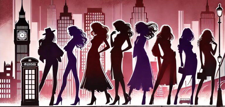 Silhouettes of glamorous women in red and purple tones representing escort girls in London, set against an elegant nightlife backdrop.