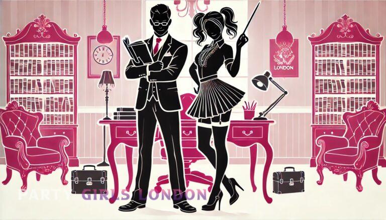 Silhouettes of a strict male teacher and playful female secretary in an elegant office setting, symbolising escort roleplay scenarios in London.