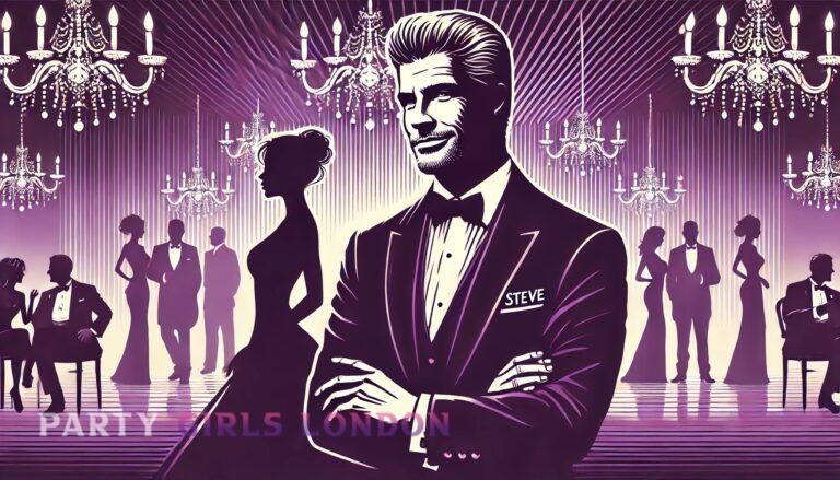 Steve in a tuxedo attending a black-tie event with a graceful female companion, representing escort social engagements in London.
