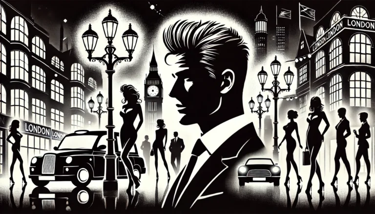 Stylised noir artwork of a suave man in a suit surrounded by glamorous London escorts near Big Ben and city lights.
